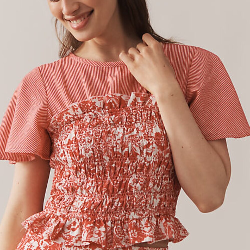 NWT - Anthropologie Short-Sleeve Smocked Linen Top - Raspberry